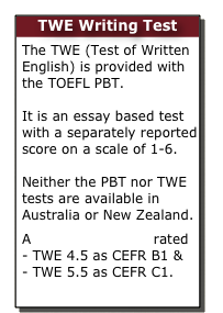 TWE Writing Test
The TWE (Test of Written English) is provided with the TOEFL PBT.   It is an essay based test with a separately reported score on a scale of 1-6.  Neither the PBT nor TWE tests are available in Australia or New Zealand.
A 2004 CEFR study rated - TWE 4.5 as CEFR B1 & - TWE 5.5 as CEFR C1.