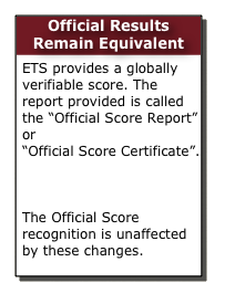 Official Results Remain Equivalent
ETS provides a globally verifiable score. The report provided is called the “Official Score Report” or  “Official Score Certificate”.  See certificate differences  The Official Score recognition is unaffected by these changes.  