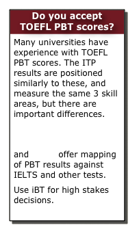 Do you accept  TOEFL PBT scores?
Many universities have experience with TOEFL PBT scores. The ITP results are positioned similarly to these, and measure the same 3 skill areas, but there are important differences.
See our PBT information
Australian Immigration and NZQA offer mapping of PBT results against IELTS and other tests.
Use iBT for high stakes decisions.
