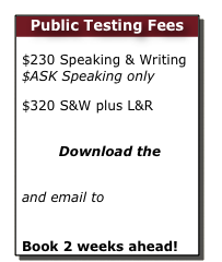 Public Testing Fees

$230 Speaking & Writing $ASK Speaking only 
$320 S&W plus L&R 
Download the  Booking form
and email to     toeic@pro-match.com  Book 2 weeks ahead! 