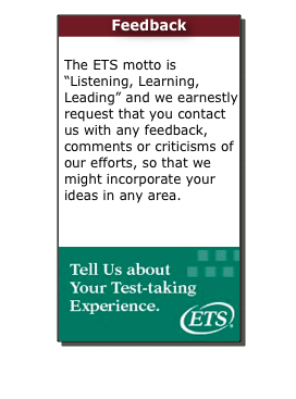 Feedback

The ETS motto is “Listening, Learning, Leading” and we earnestly request that you contact us with any feedback, comments or criticisms of our efforts, so that we might incorporate your ideas in any area.
Email Feedback
￼